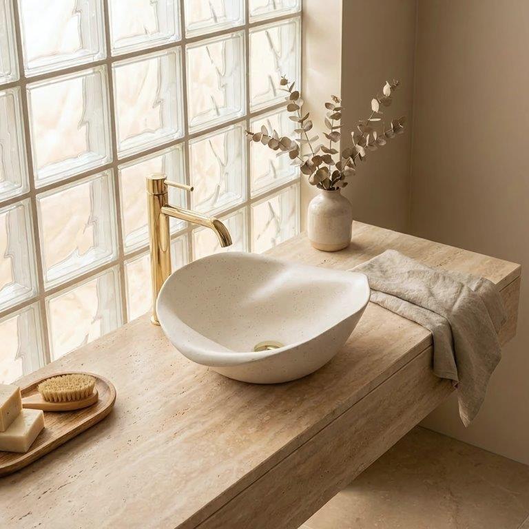 Νιπτήρας Επικαθήμενος Rea HM-34B Handmade Art 40x39x16 cm Ματ Μπεζ (Stone Effect)